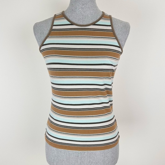 VTG Columbia Striped High Neck Tank Top - Brown, cream, and Blue - Picture 1 of 9
